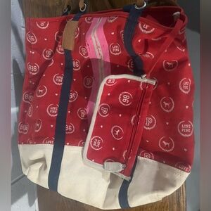 Vintage Red and White Victoria's Secret PINK collegiate series canvas tote bag.